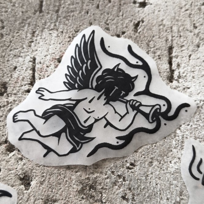 Cursed angel — blackwork flash tattoo by Nick Kozlov