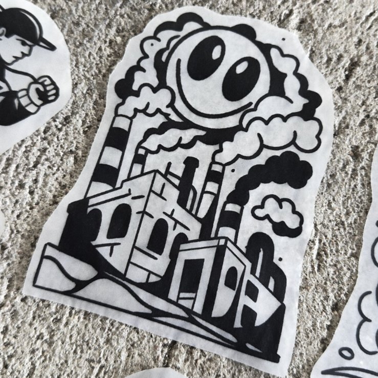 Factories Kill us — blackwork flash tattoo by Nick Kozlov