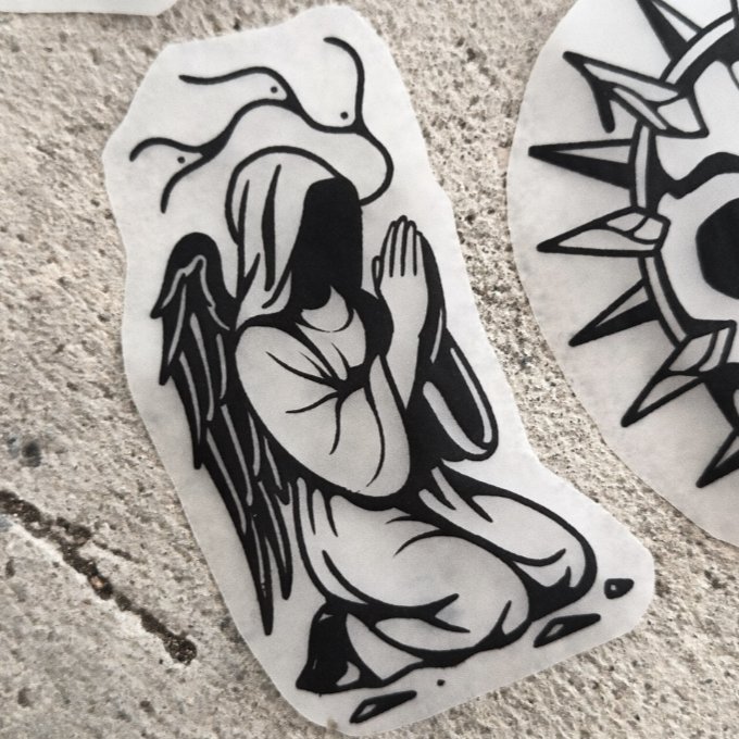 angels praying for ya — blackwork flash tattoo by Nick Kozlov