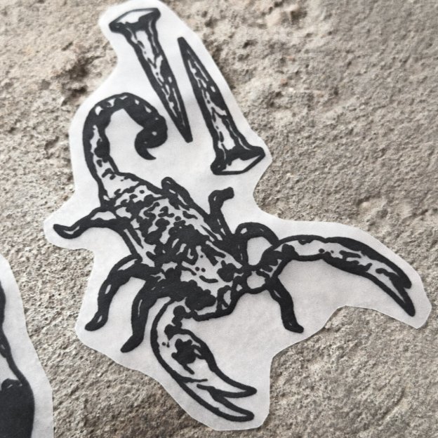 scorp & nail — blackwork flash tattoo by Nick Kozlov
