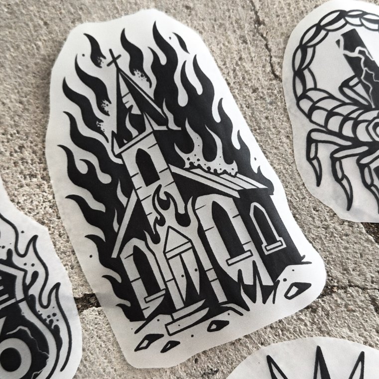 Church on Fire  — blackwork flash tattoo by Nick Kozlov