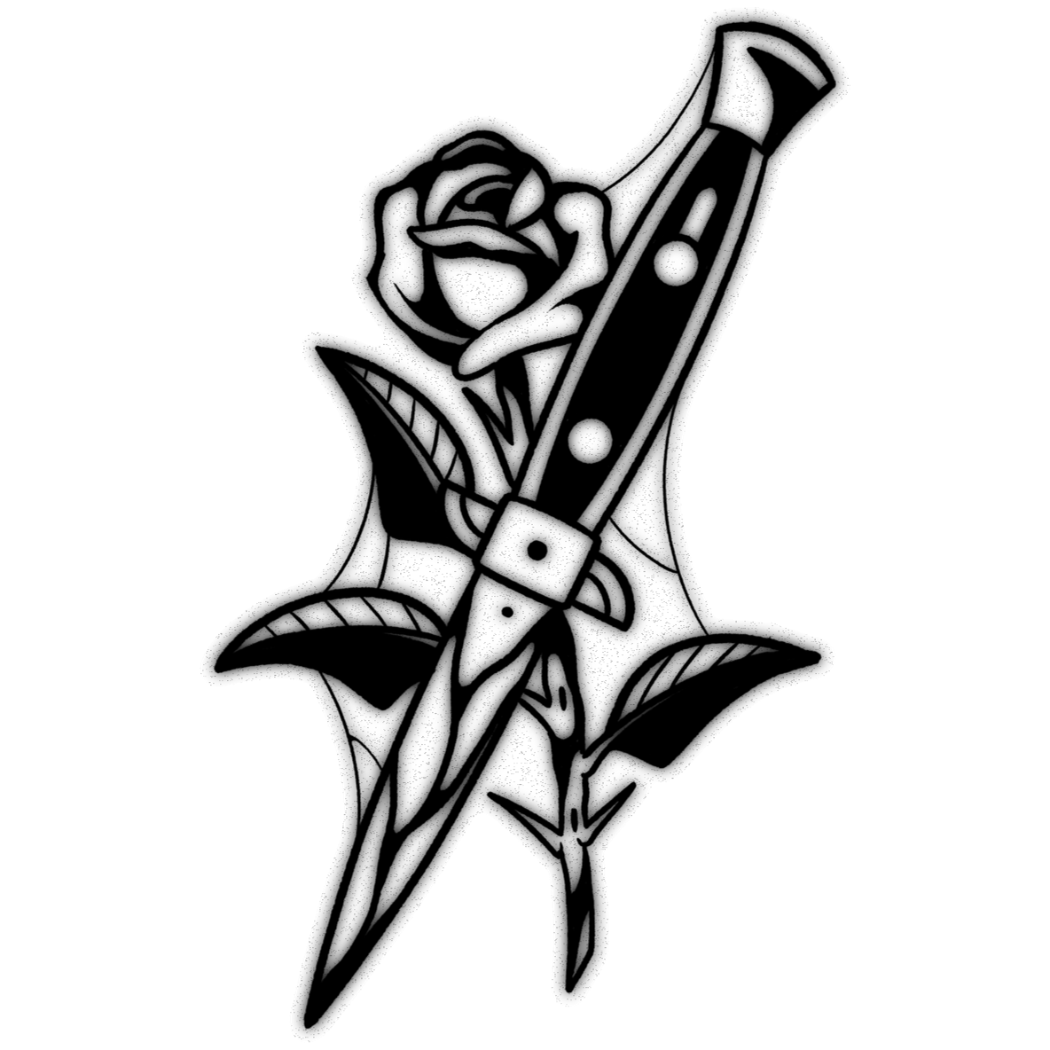 Rose and blade — blackwork flash tattoo by Nick Kozlov